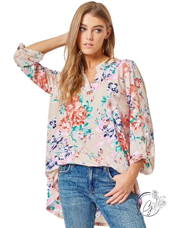 Beige Floral Lizzy 3/4 Sleeve Top