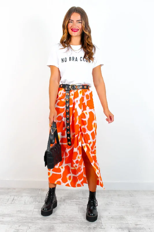 Tame Me - Orange Animal Print Gathered Midi Skirt