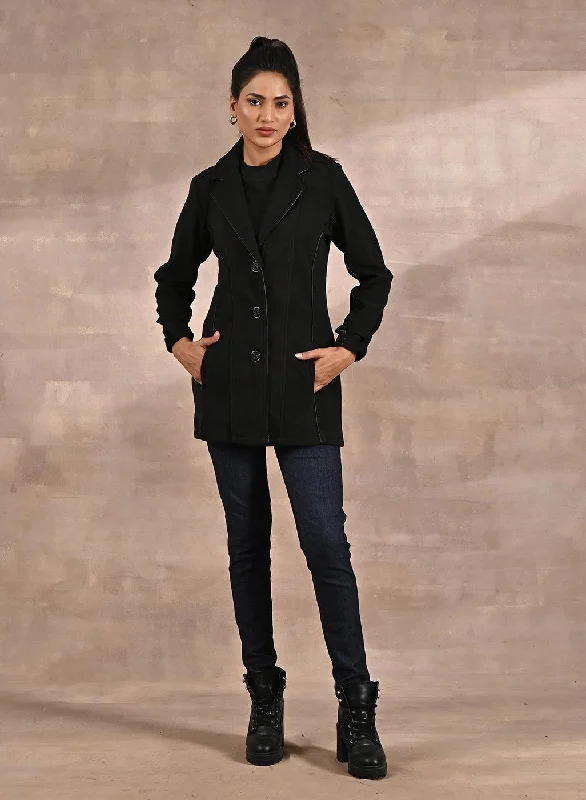 Black Brushed Wool Long Sleeve Coat with Leather Piping