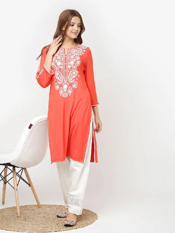 Orange Straight Kurta for Women with Threadwork