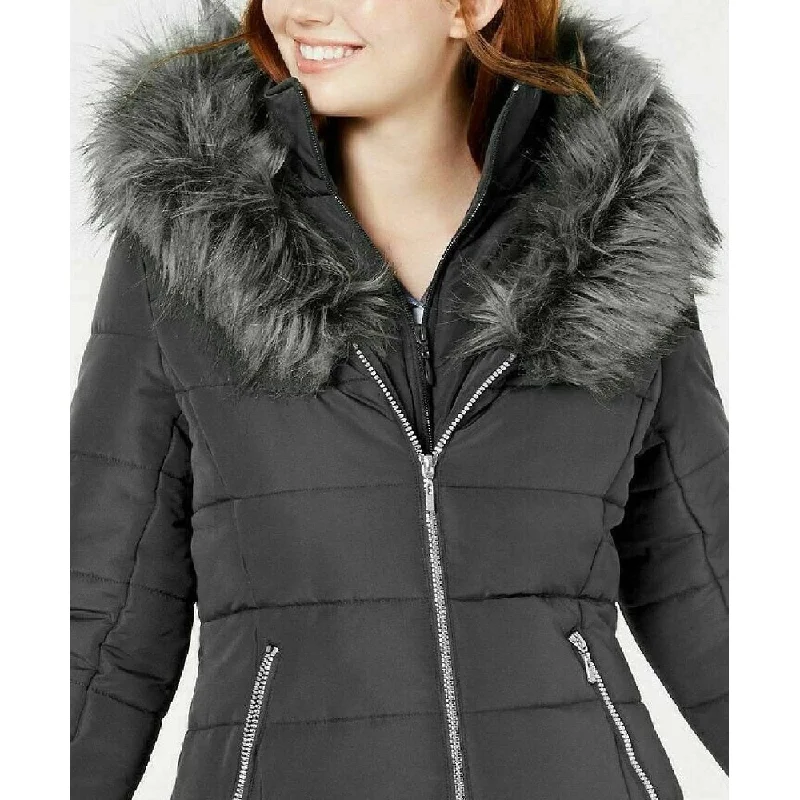 Maralyn & Me Women's Hooded Faux-Faux-Trim Puffer Coat Charcoal Size Extra Small