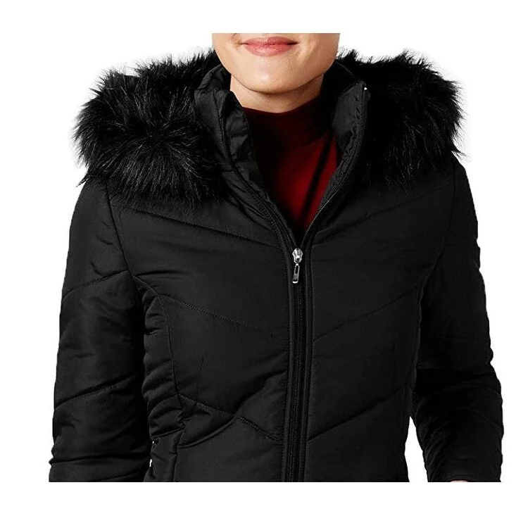 Maralyn & Me Women's Juniors' Hooded Faux-Faux-Trim Puffer Coat Black Size Extra Small