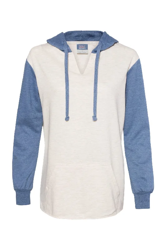 MV Sport Womens French Terry Colorblock Hooded Sweatshirt Hoodie - Stonewashed Blue/Oatmeal