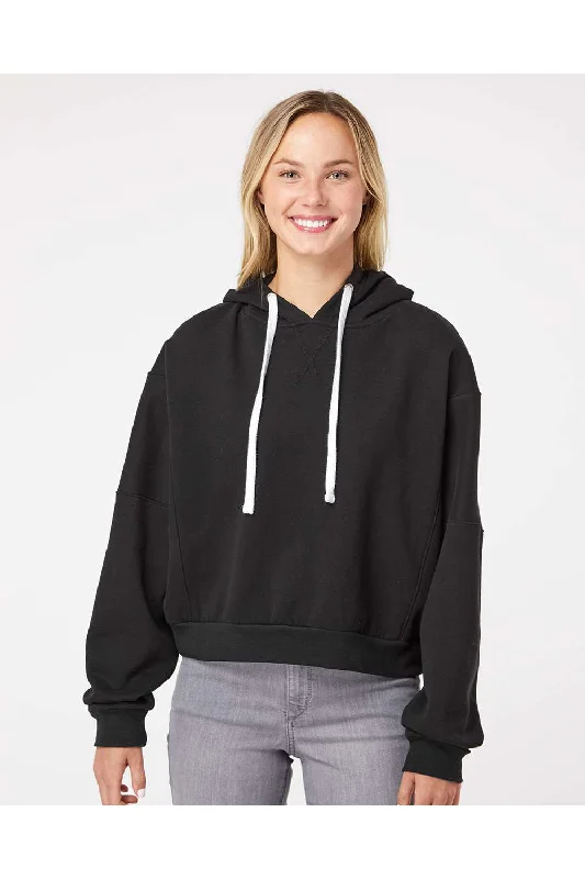 MV Sport Womens Sueded Fleece Crop Hooded Sweatshirt Hoodie - Black