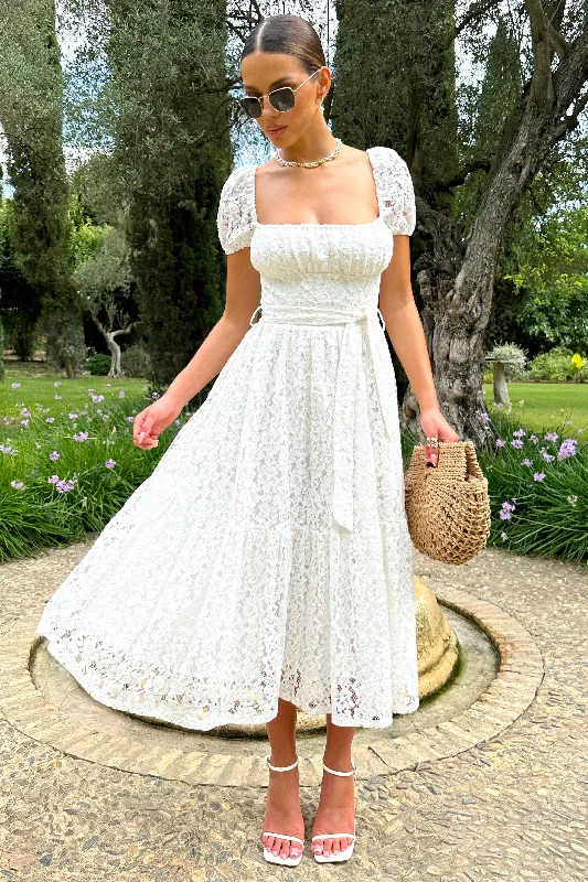 Corfu | White Lace Puff-Sleeve Belted Midi Dress