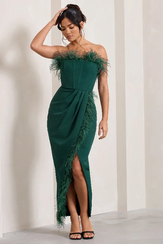 Cosmo | Bottle Green Bandeau Feather Corset Split Maxi Dress