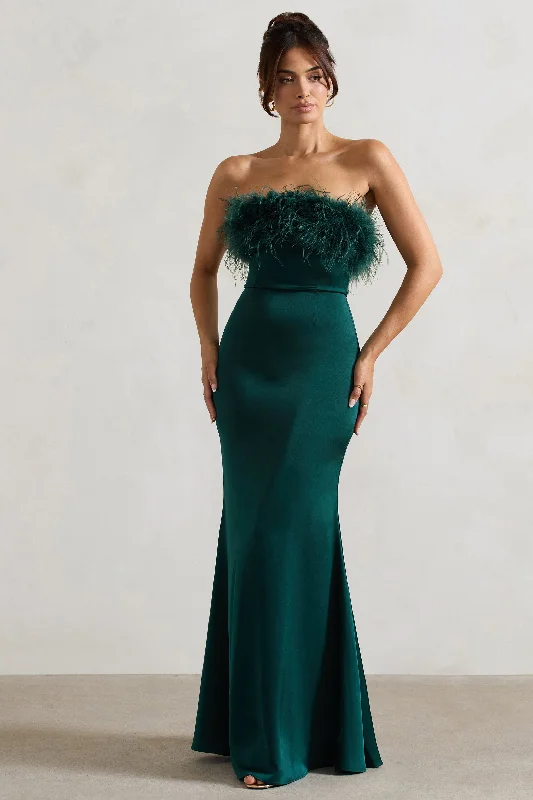 Dress For It | Bottle Green Satin Feather Trim Maxi Dress