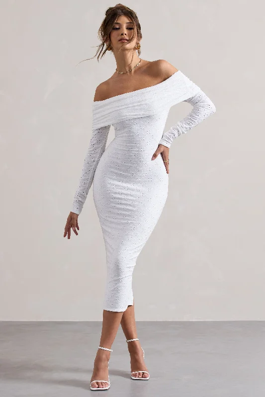 Emmeline | White Knitted Broderie Bardot Midi Dress