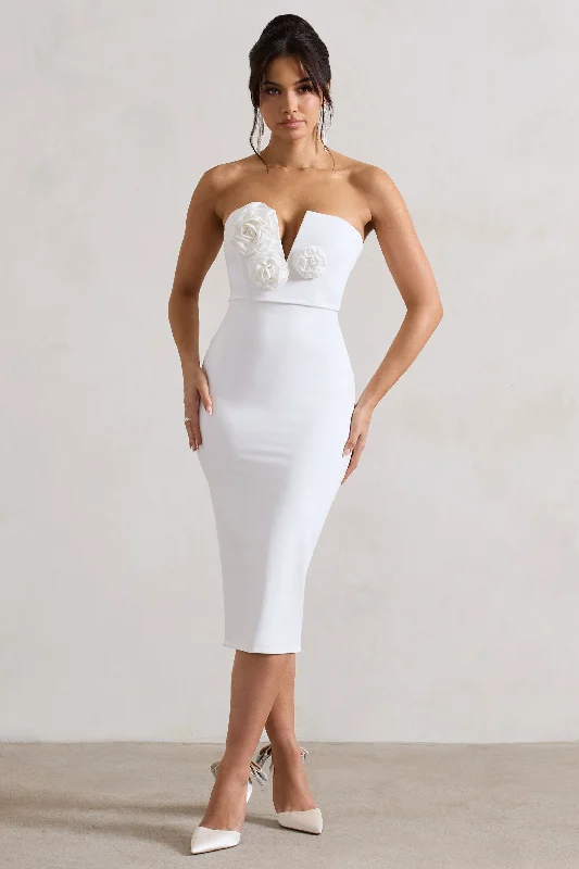 Fanciful | White Bodycon V-Neck Midi Dress With Flowers