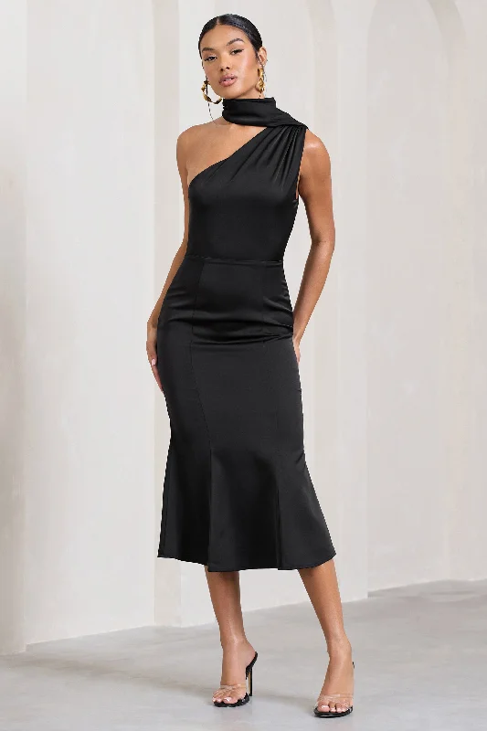 Golden Girl | Black Satin One Shoulder High-Neck Flared Midi Dress