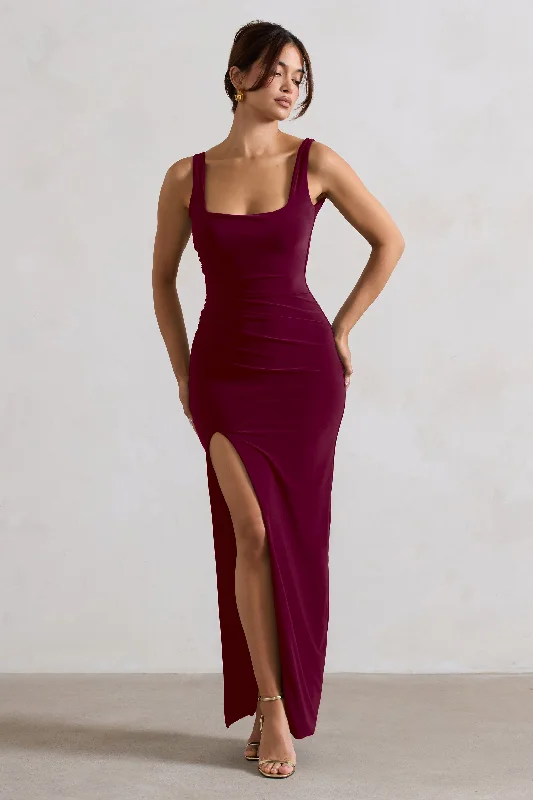 Kate | Berry Square Neck Maxi Dress with Plunge Back and Side Thigh Split