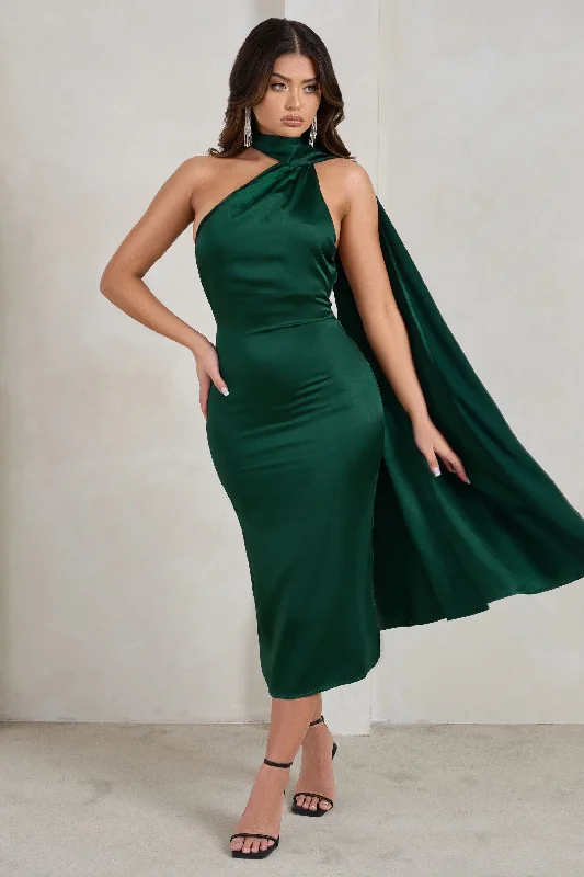 Madame | Bottle Green Satin Asymmetric Scarf Neck Backless Midi Dress