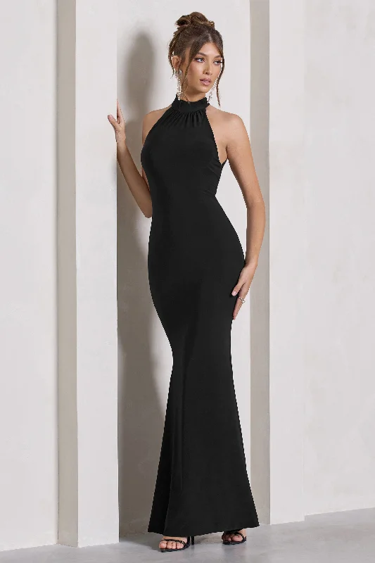 Malika | Black Sleeveless Halter-Neck Maxi Dress