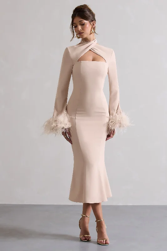 Monroe | Champagne Cross Halter-Neck Midi Dress With Feather Cuffs