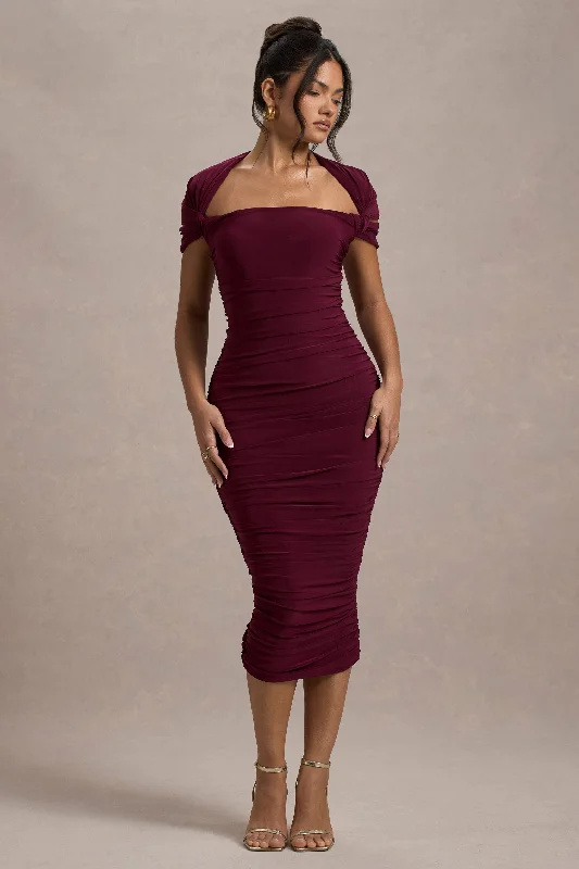 Paxos | Burgundy Ruched Short-Sleeve Midi Dress