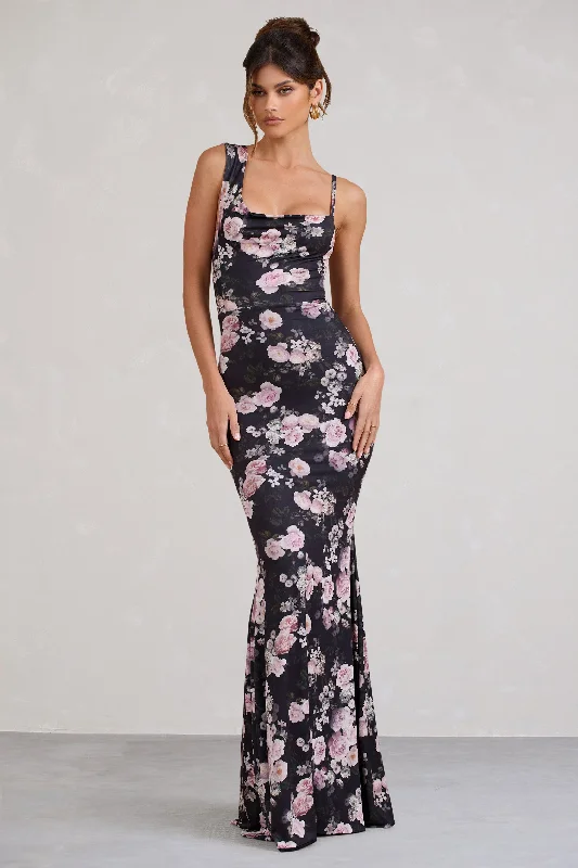 Phantasy | Black & Pink Floral Print Asymmetric Neckline Cowl Maxi Dress