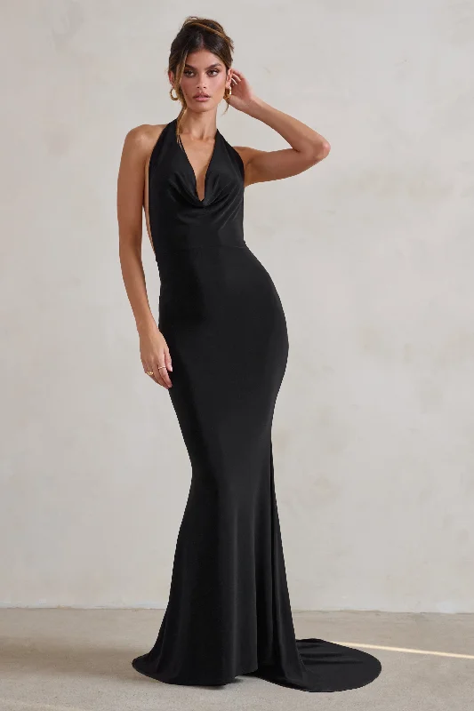 Saffina | Black Cowl Neck Low Back Maxi Dress