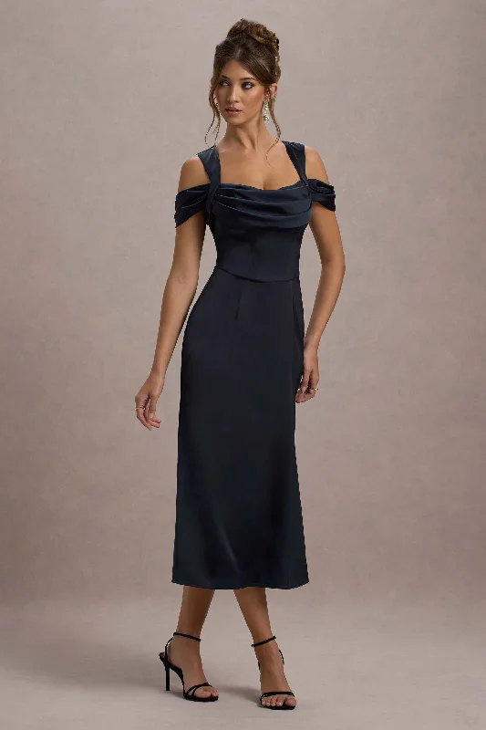 Sawyer | Navy Satin Draped Midi Dress