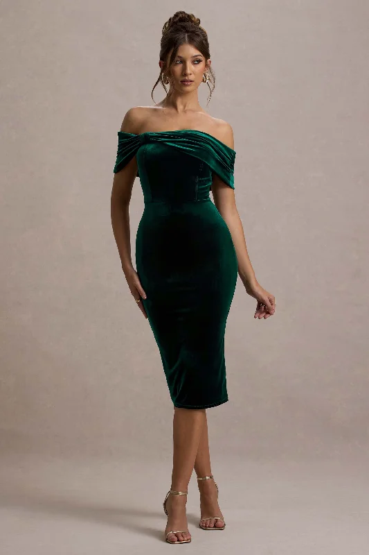 Snowflake | Bottle Green Velvet Bardot Bow Detail Midi Dress