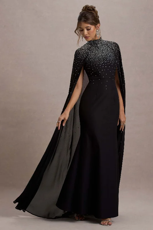 The Shallows | Black Embellished High-Neck Maxi Dress With Chiffon Cape