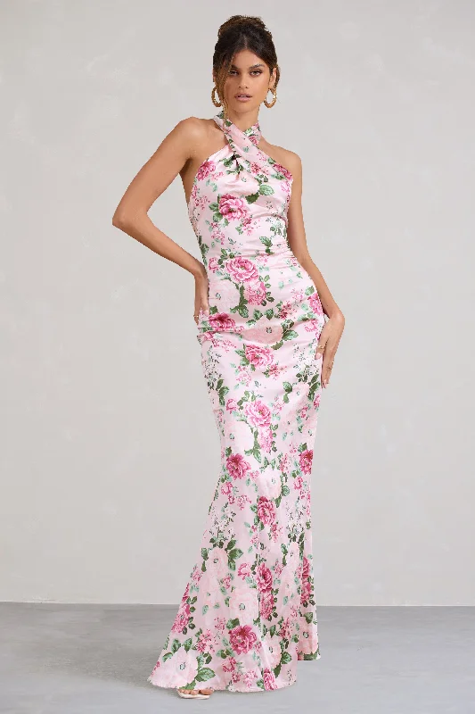 Unstoppable | Pink Floral Print Satin Cross Over Halter Neck Maxi Dress