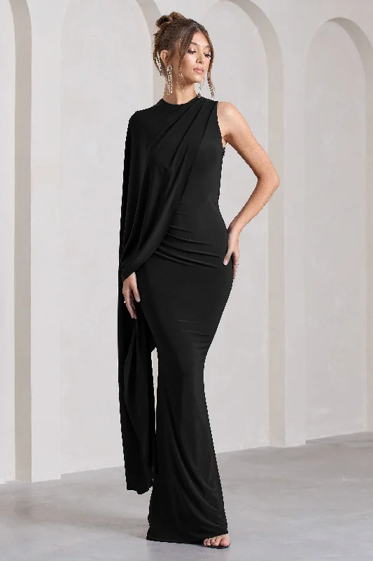 Unveil | Black One-Sleeve Cape Maxi Dress