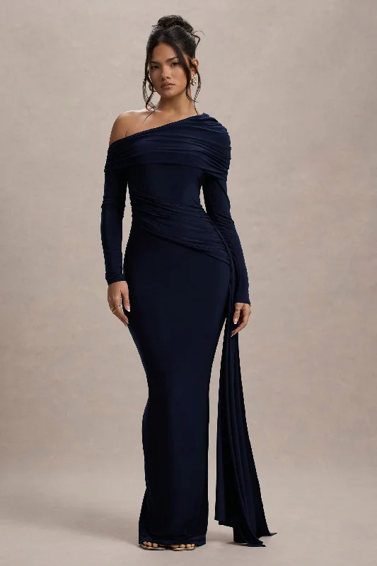 Valina | Navy Ruched Asymmetric Maxi Dress With Drape