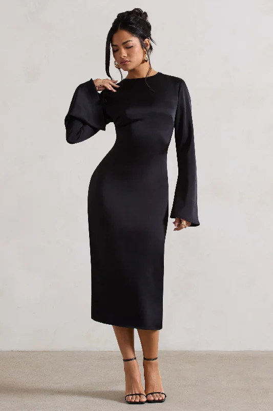 Zaina | Black Long Sleeve Midi Dress with High Neckline