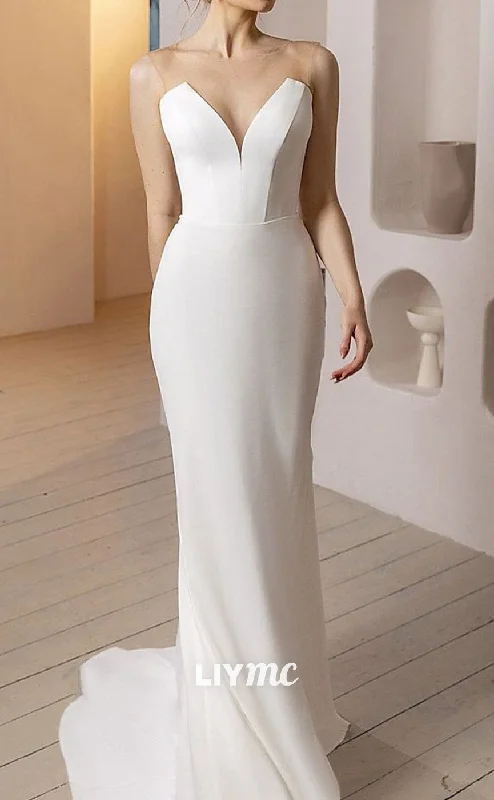 LW679 - Classic Sleeveless V-Neck Sleek Satin Sweep Train Beach Wedding Dress