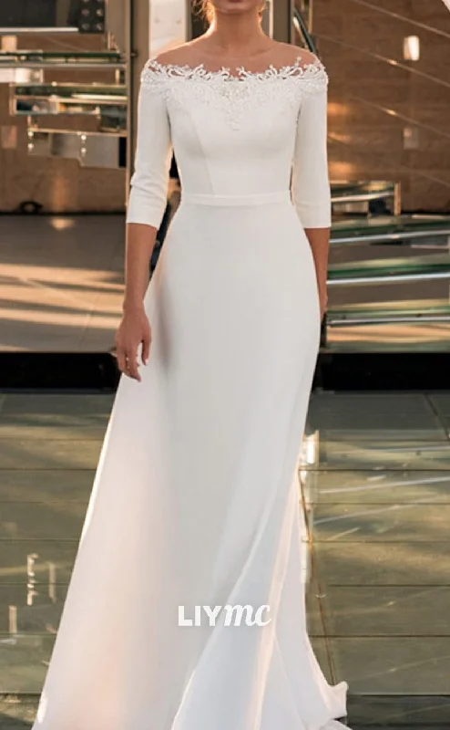 LW688 - Off-Shoulder Long Sleeves Sleek Satin Sheath Beach Wedding Dress