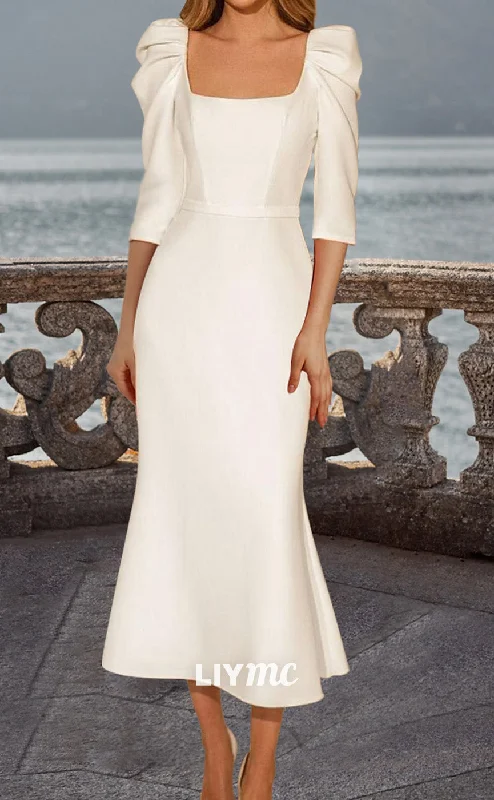 LW690 - Square Long Sleeves Sleek Satin Sheath Beach Wedding Dress