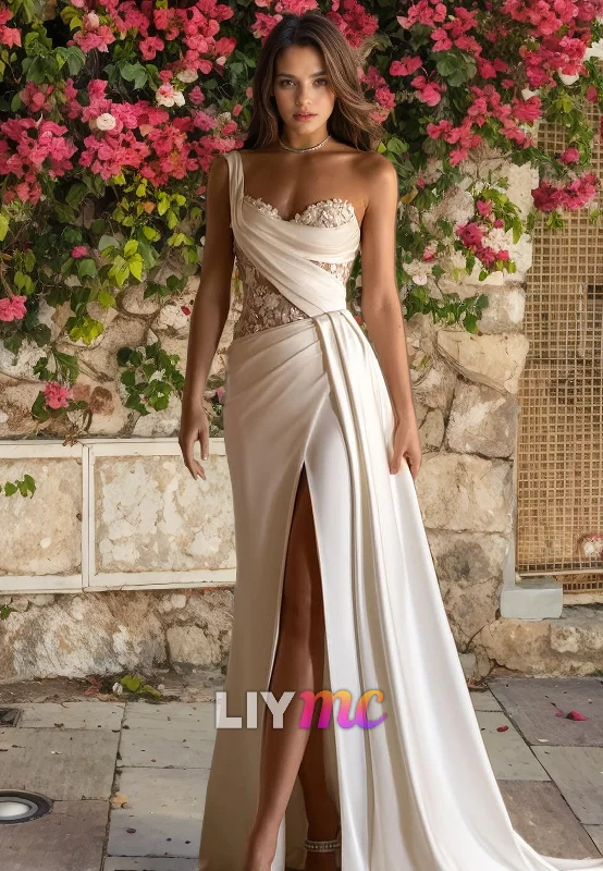 LW730 - Asymmetrical Floral Appliques Pleated High Slit Wedding Dress