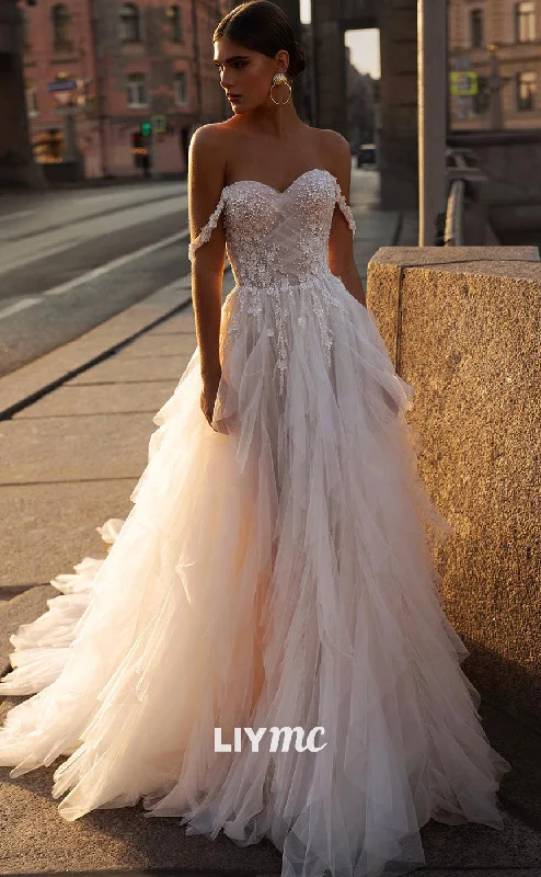 LW768 - Sweetheart Strapless Appliques Tulle A-Line Court Train Wedding Dress