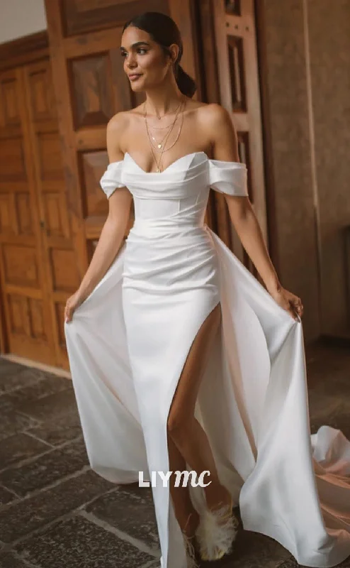 LW770 - Off-Shoulder Strapless Ruched Sleek Satin High Slit Beach Wedding Dress