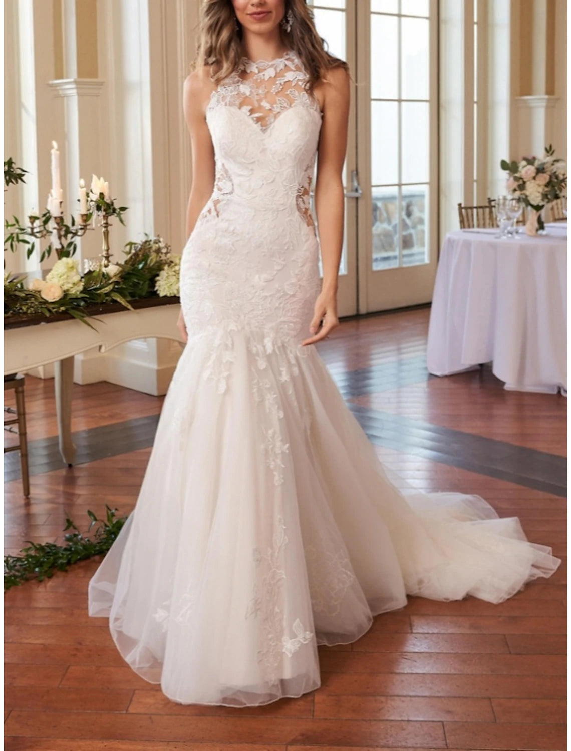 Hall Formal Wedding Dresses Mermaid / Trumpet High Neck Sleeveless Court Train Lace Bridal Gowns With Pleats Solid Color