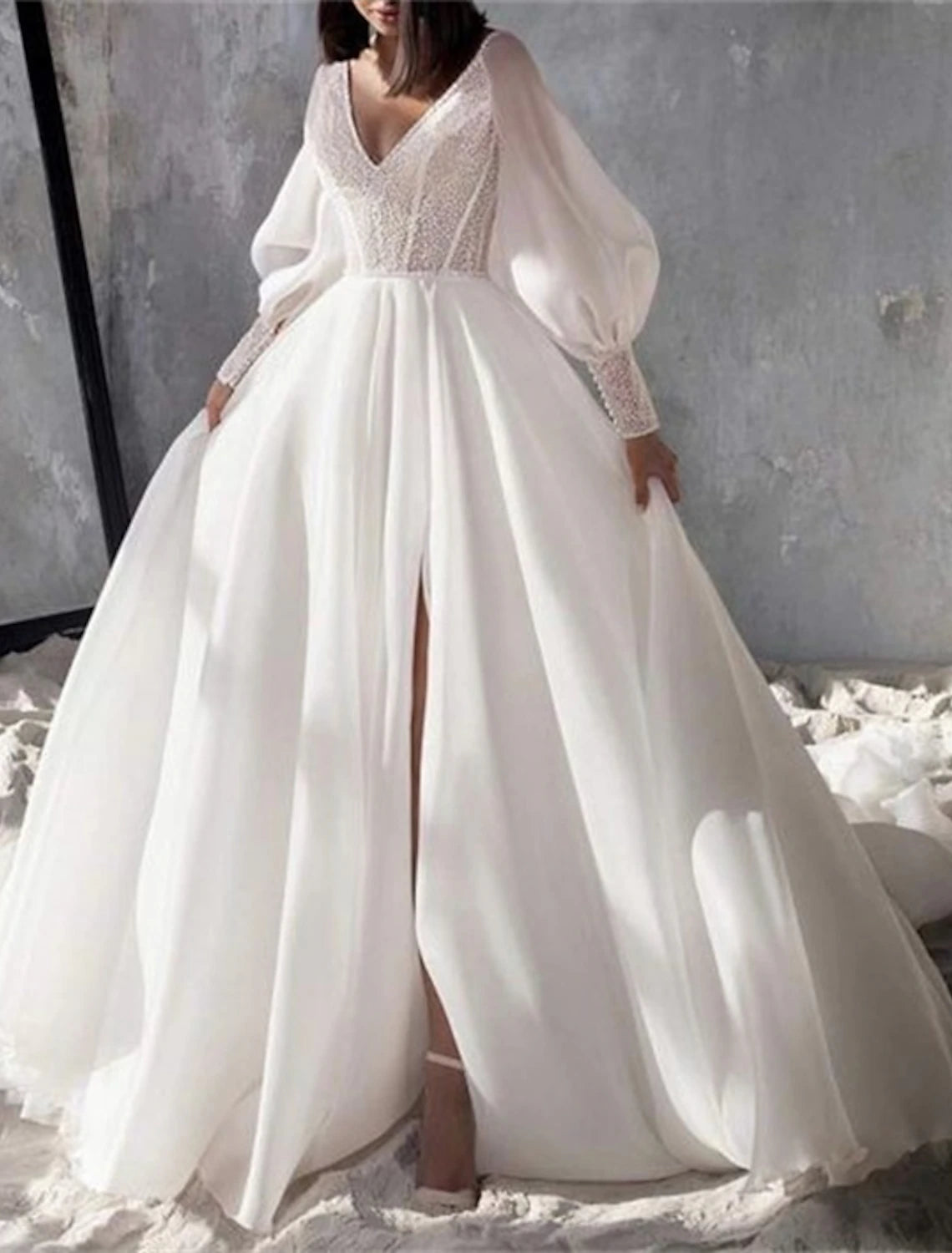 Sparkle & Shine Formal Wedding Dresses A-Line V Neck Long Sleeve Chapel Train Organza Bridal Gowns With Split Front